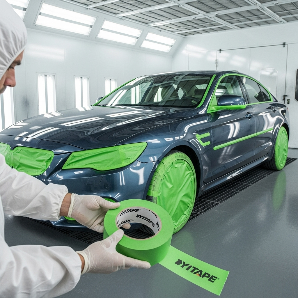 Специалист аккуратно снимает малярный скотч с кузова автомобиля, избегая повреждения краски.