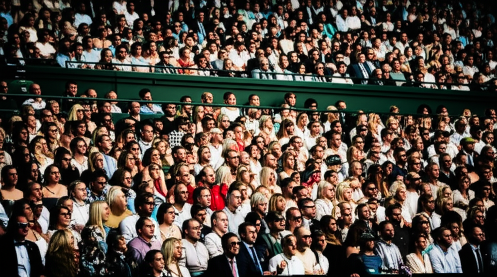 An atmospheric photo of the Wimbledon crowd from a low angle, looking up at the stands. The image has a dark, moody filter applied, with shadows deepened to create a dramatic effect. Beams of lime green light streak across the image, highlighting the focused faces and the intense energy of the spectators. The focus is on the crowd`s engagement rather than the court, capturing the shared experience of watching a thrilling match.