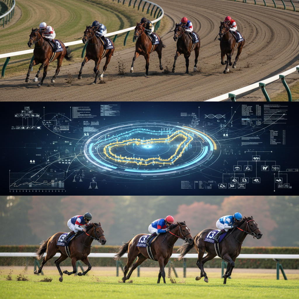 複数の競走馬がターフを駆け抜ける様子。秋華賞の激戦を象徴するイメージ。