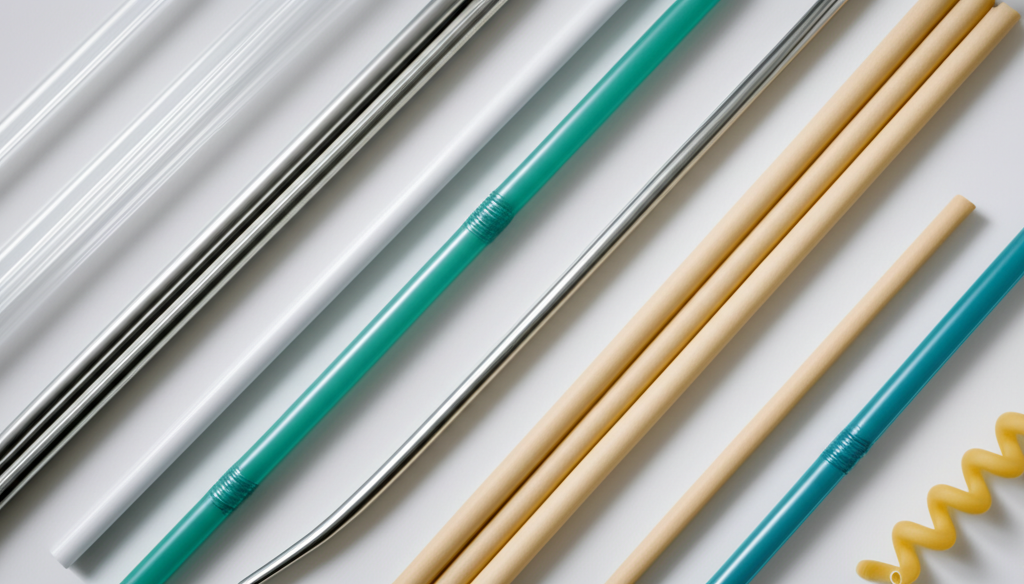 A collage of various alternative straws – bioplastic, molded fiber, metal, bamboo, pasta – showcasing the diversity.