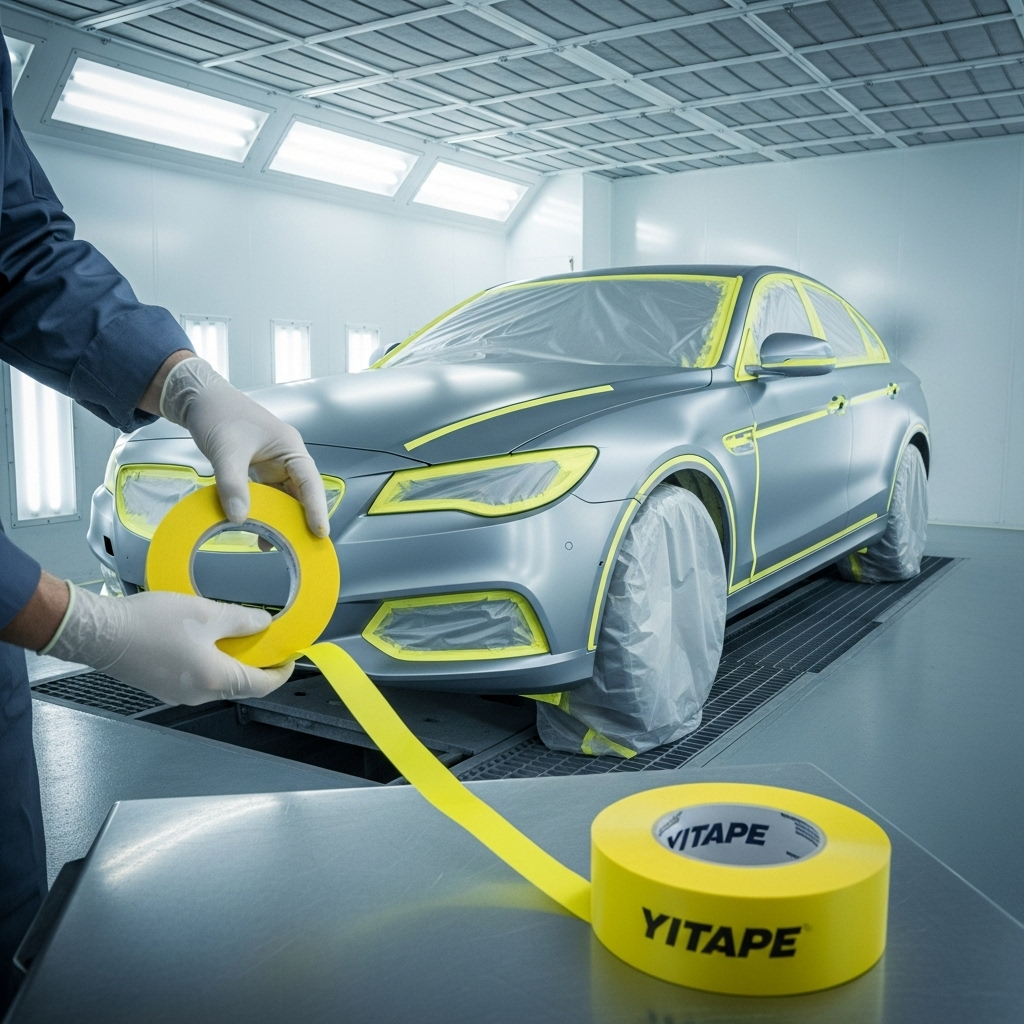 Гибкая лента для покраски авто YITAPE, нанесенная на сложный изгиб кузова автомобиля перед покраской.