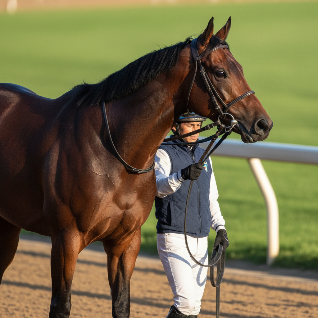 競馬場のゴールラインを駆け抜ける競走馬