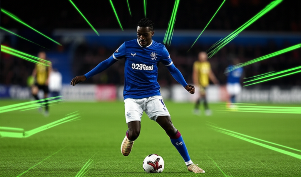 Cyriel Dessers prepares to take a penalty for Rangers FC against Viktoria Plzeň in the Champions League qualifier.
