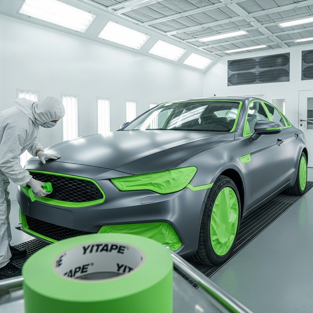 Мастер использует автомобильный малярный скотч YITAPE для создания четких линий на кузове автомобиля перед покраской.*