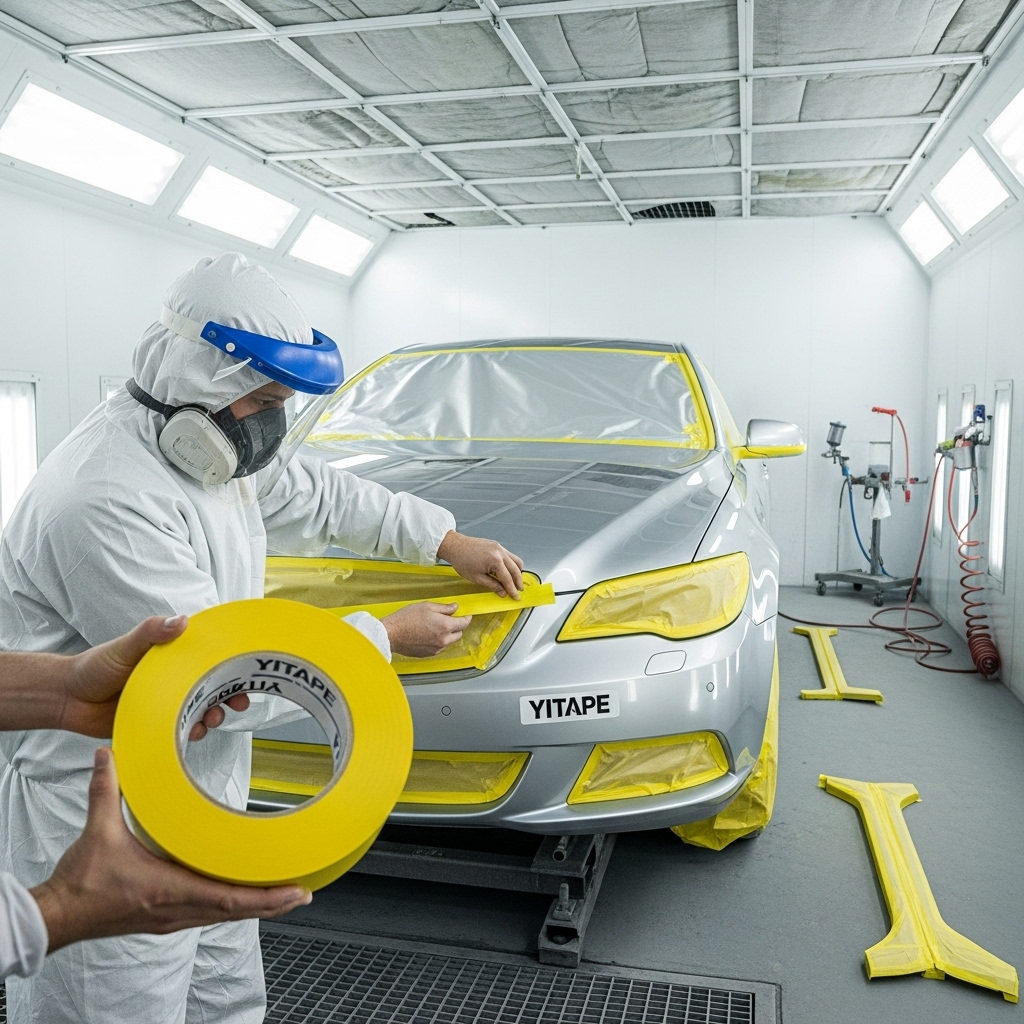 Процесс нанесения краски на деталь автомобиля с использованием поролоновой ленты для покраски авто