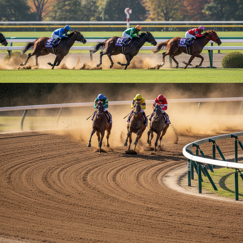 芝とダートの競馬場のレース風景、競争するサラブレッドたち