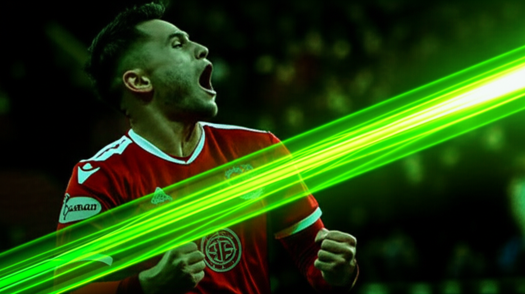 Referee issuing a red card during the Aberdeen vs FCSB Europa League match, with a dark tone and lime green accents.