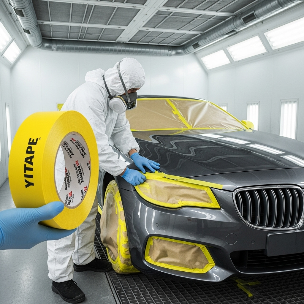 Профессиональный малярный авто скотч автоалл, наклеенный на автомобиль перед покраской.