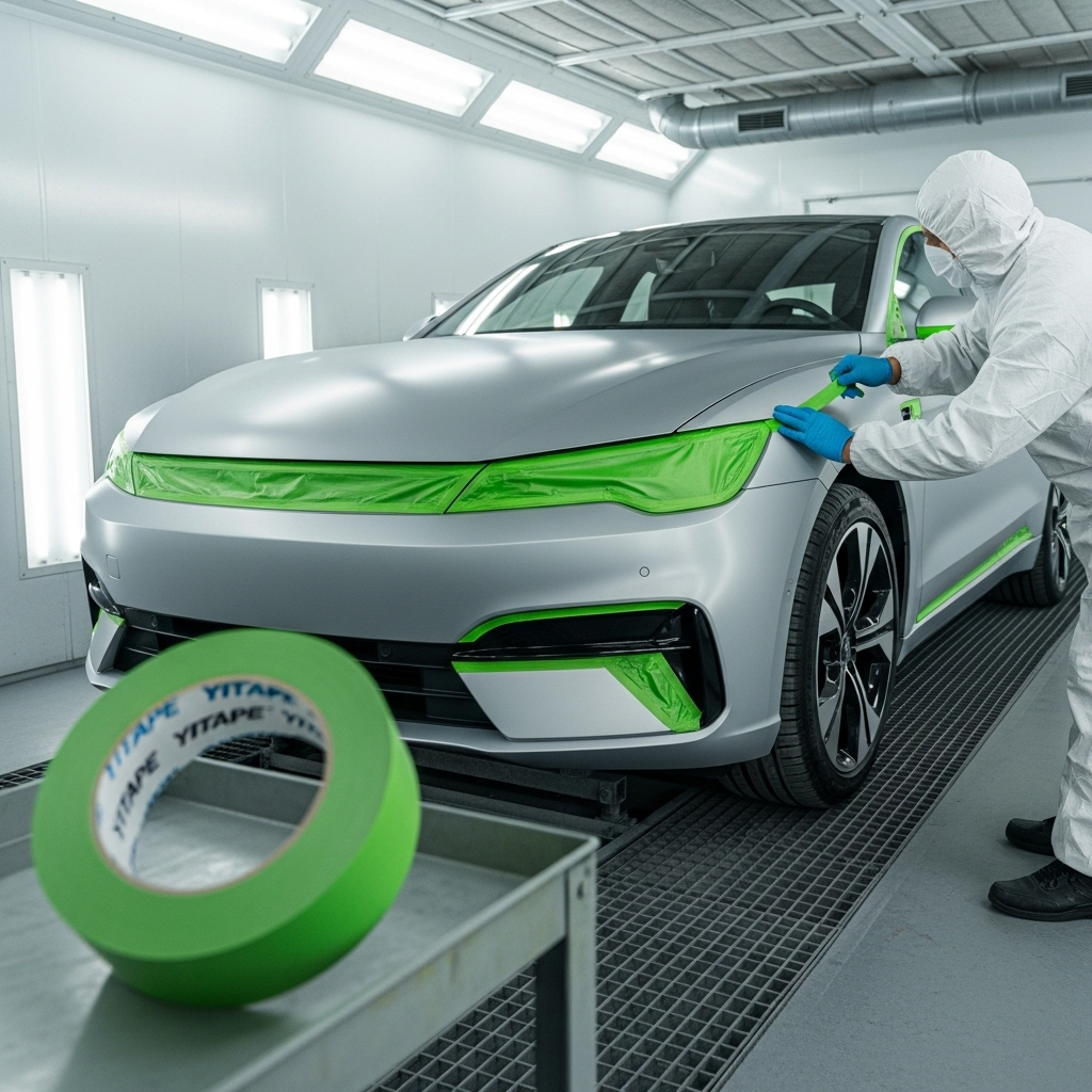 Детальная структура подъемного скотча для покраски авто, показывающая клейкую ленту и пластиковую полосу.