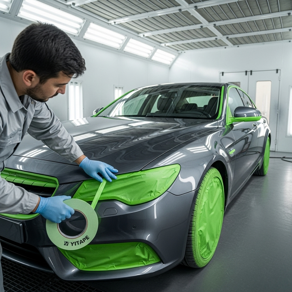 Профессиональный малярный авто скотч автоалл, наклеенный на автомобиль перед покраской.