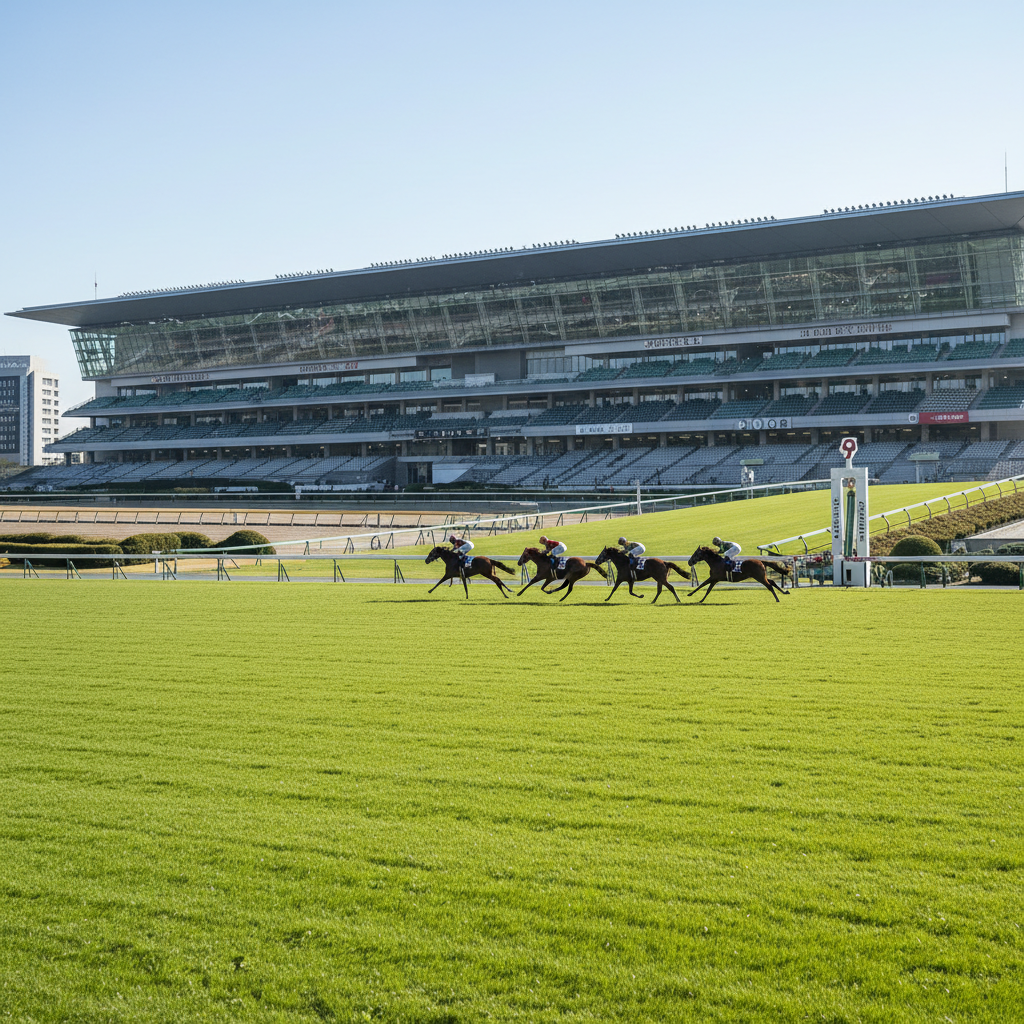 主要な競走馬たちが夕暮れの競馬場で並び立つポートレート