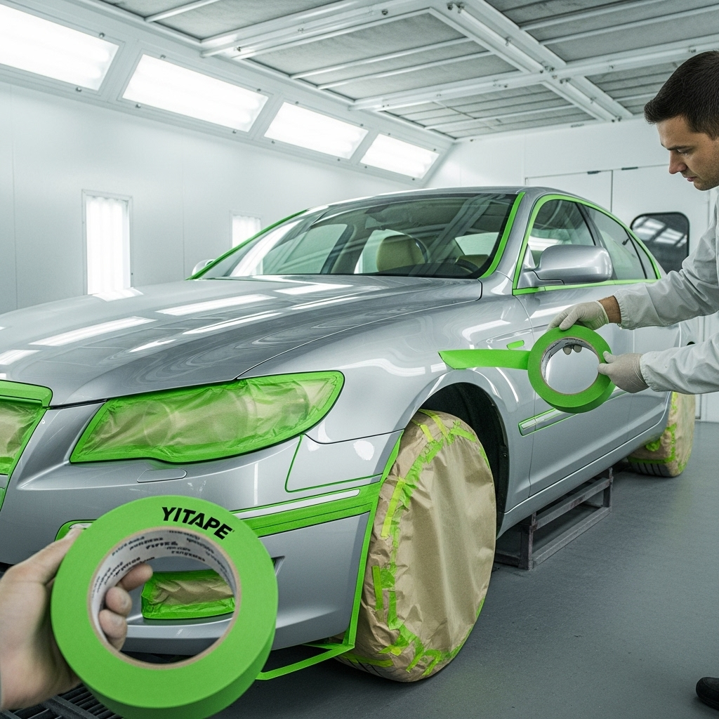 Мастер использует скотч малярный автомобильный коричневый для маскировки кузова перед покраской.