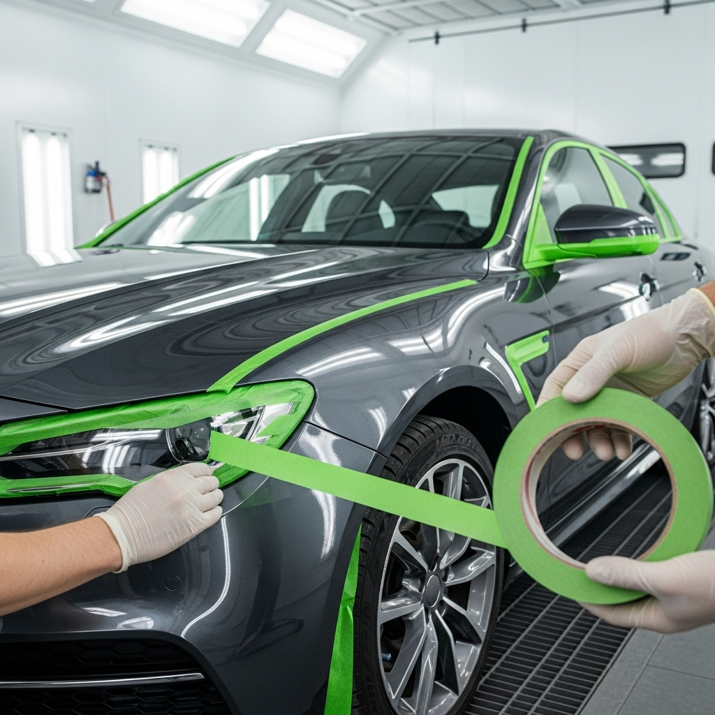Контурный скотч для авто покраски на сложном изгибе кузова автомобиля.