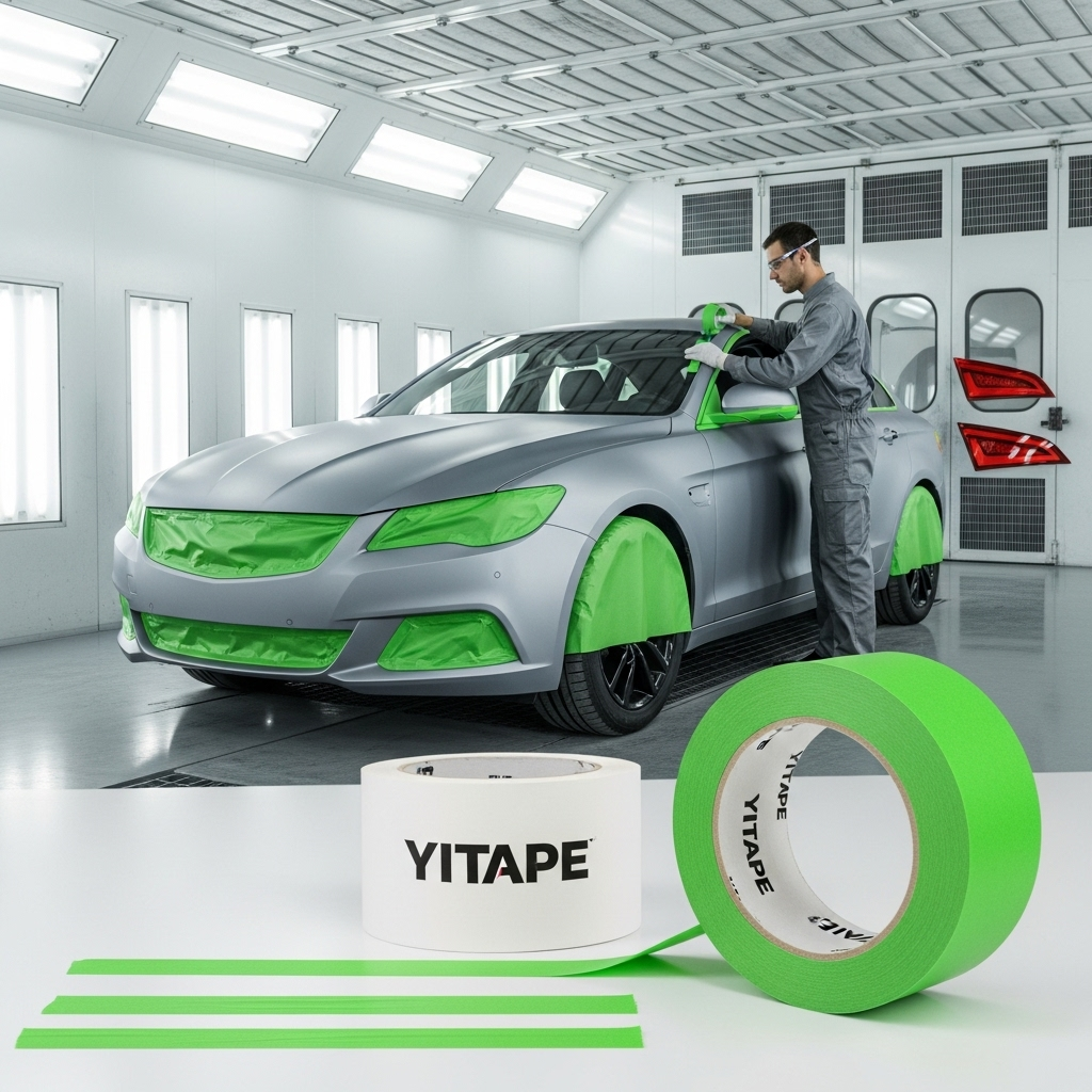 Лучшая автомобильная малярная лента YITAPE в процессе маскирования кузова перед покраской автомобиля.