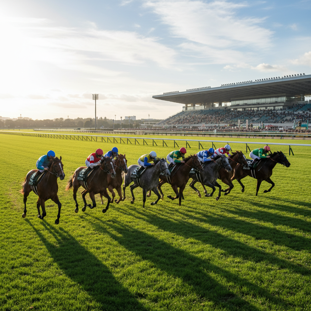 競馬場のスタートゲートで待機する競走馬たち