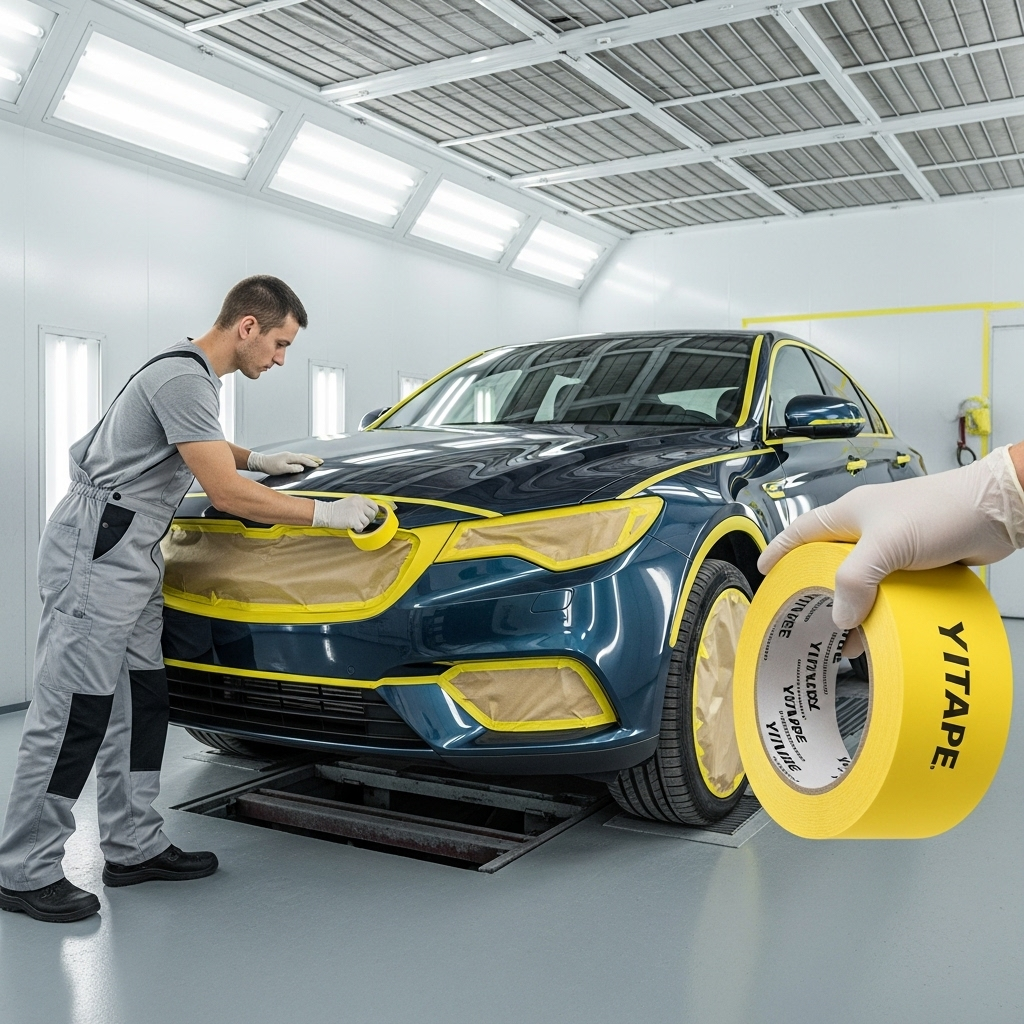 Мастер применяет подъемный скотч для покраски авто на уплотнителе лобового стекла.