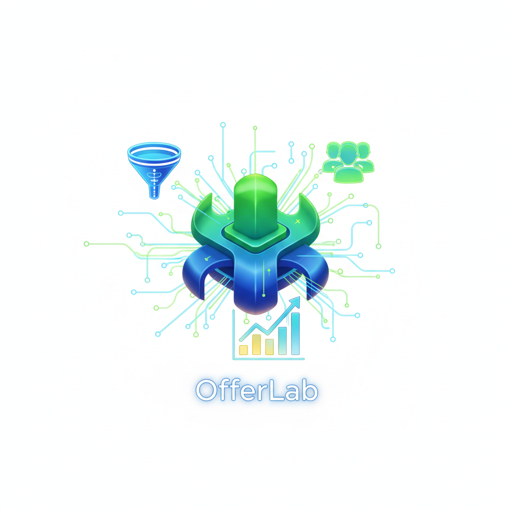 OfferLab product mockup showing a dashboard with analytics and offers