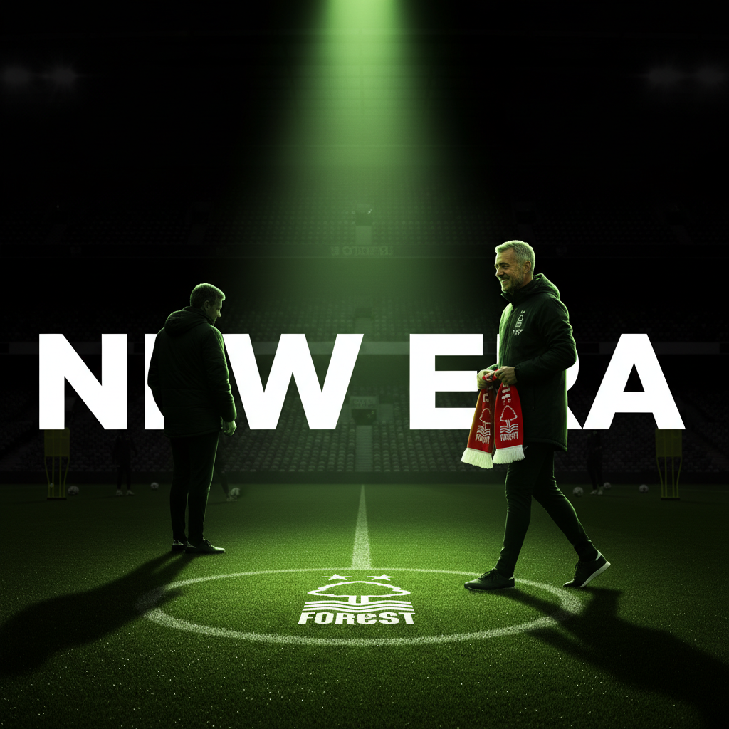 The Nottingham Forest crest on the pitch at the City Ground, highlighted by a lime green spotlight, symbolising a new managerial era.