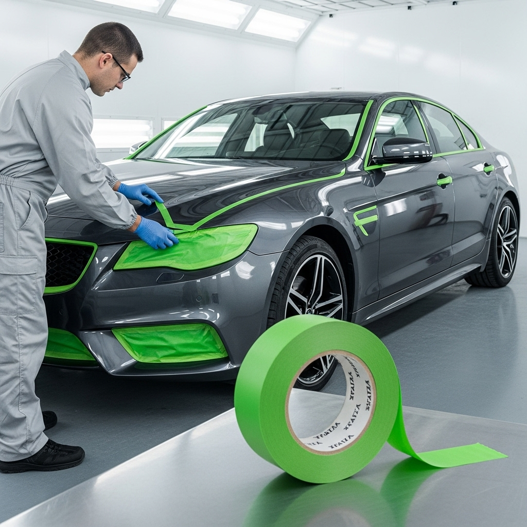 Профессиональный коричневый автомобильный малярный скотч YITAPE наклеен на деталь автомобиля перед покраской.