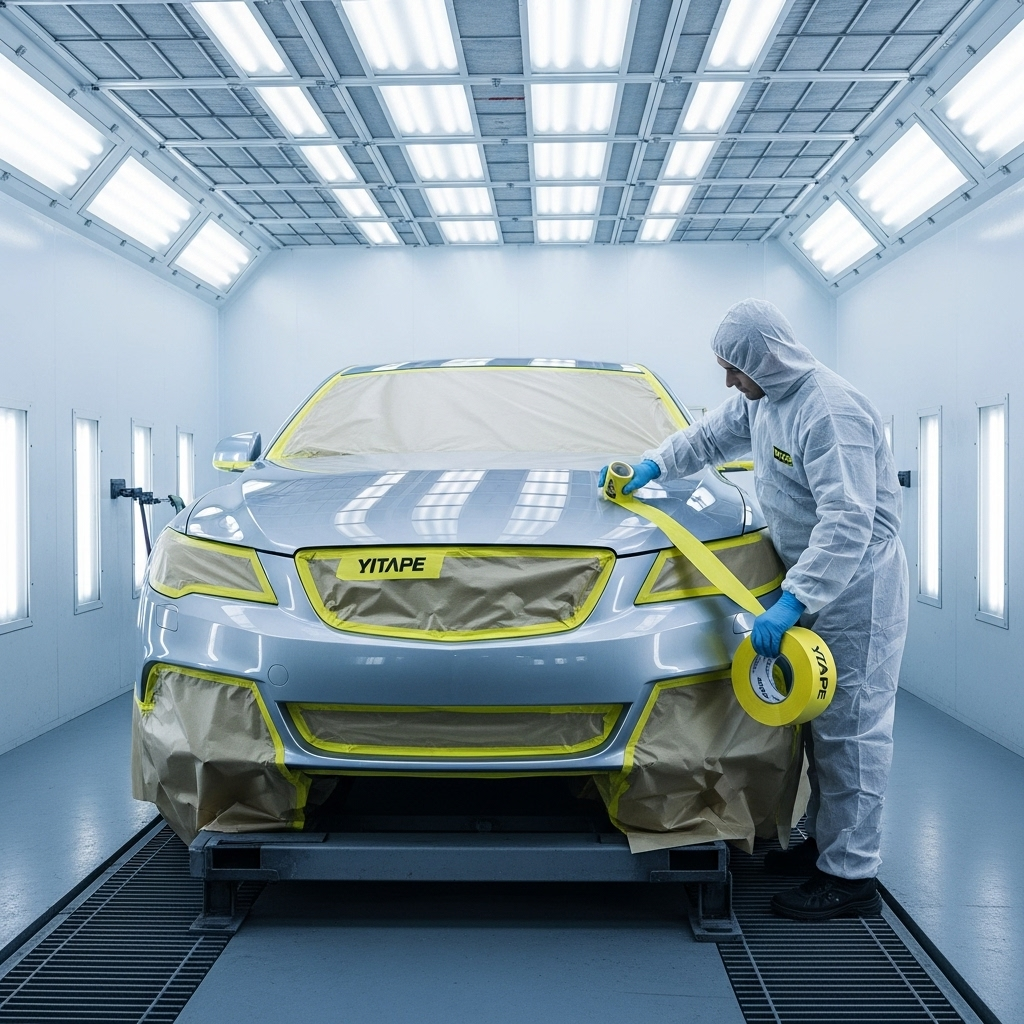 Профессиональный скотч малярный автомобильный зеленый YITAPE на кузове автомобиля перед покраской
