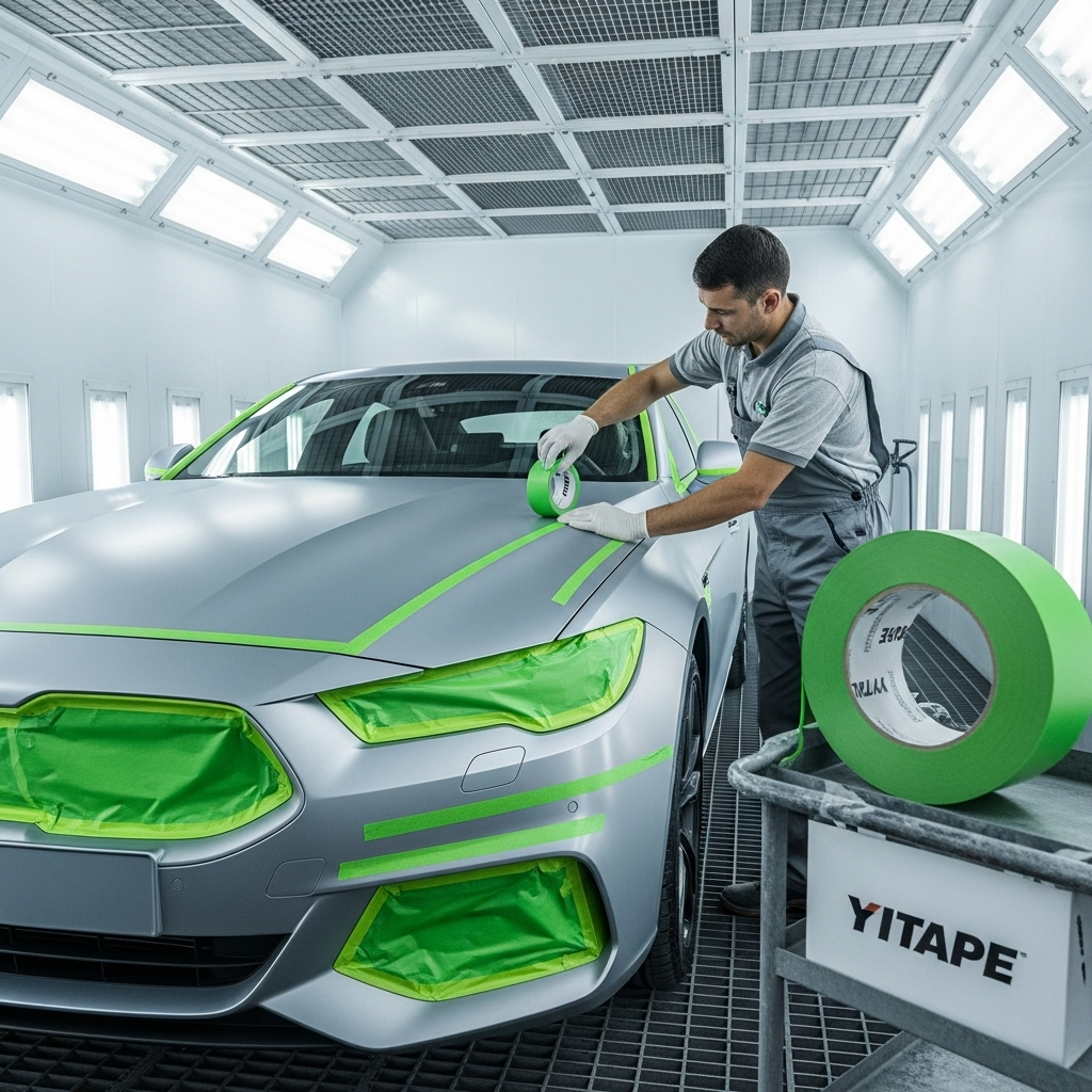 Автомобильный малярный скотч YITAPE наклеен на кузов автомобиля перед покраской